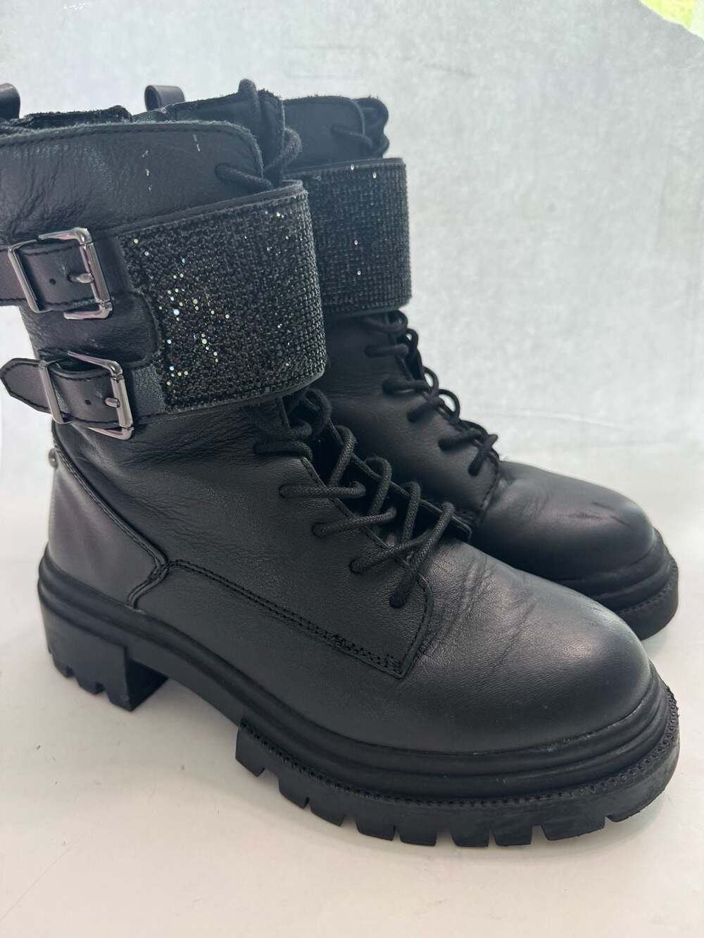 Aldo Rhinestone Combat Boots Grunge Moto Goth Chunky Lug 6.5
